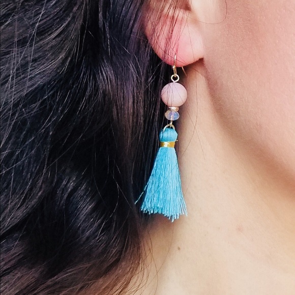 Blush/turquoise tassel earrings - Picture 4 of 5
